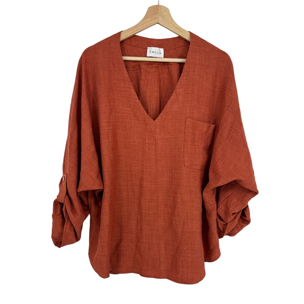 Emelia Cinnamon Orange V Neck Rolled Sleeve Blouse